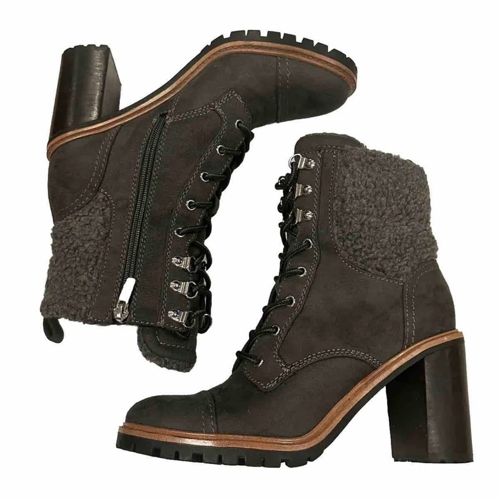 Nine West Phaedra Lace Up Suede Block Heel Boots Gray 3.25” Heel Sz 8 - Picture 2 of 5
